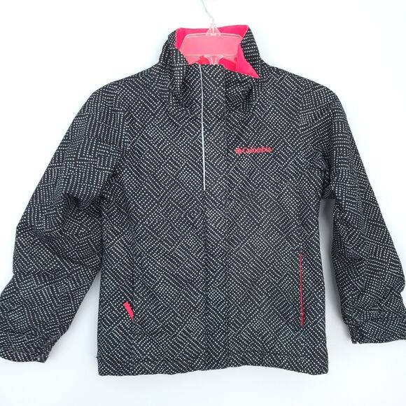 Columbia Omnitech Waterproof Girls Coat Zip Up Black White Polkadot Pink Line XS - Picture 1 of 6